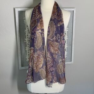 Echo silk scarf, purple with tan and ivory, paisley, print and metallic gold